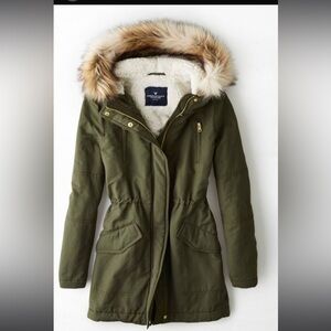 American Eagle AEO AE Hooded Parka Faux Fur Puffer Coat Jacket Olive XS